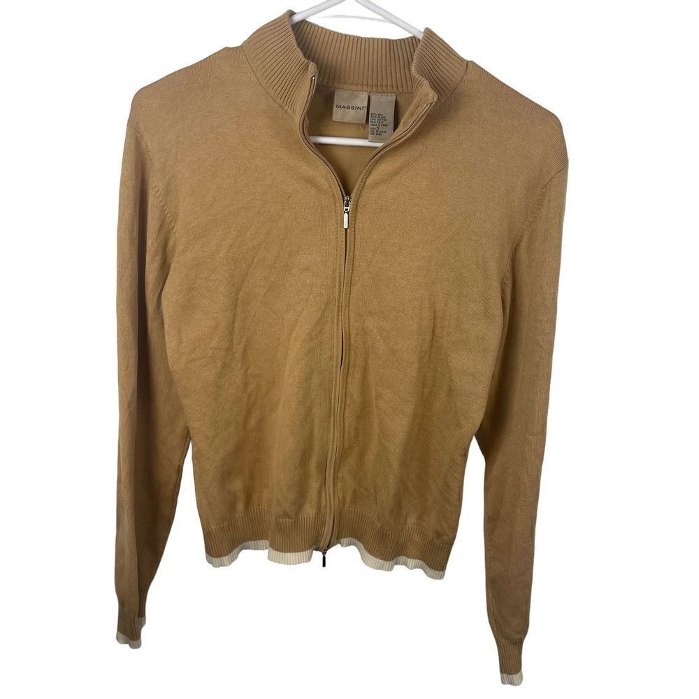 Massini Silk Blend Tan Full Zip Up Sweater Preppy‎ Jacket Size Small